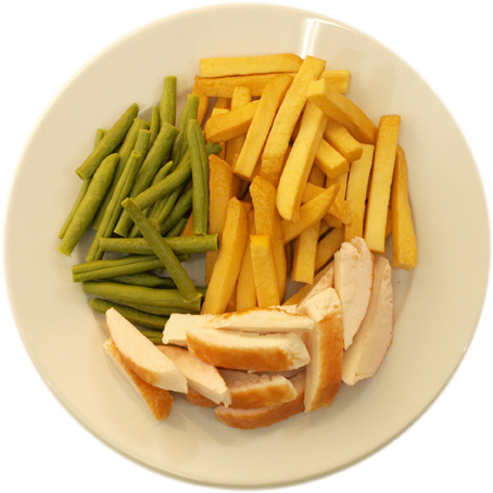 Chicken with many French fries and few beans