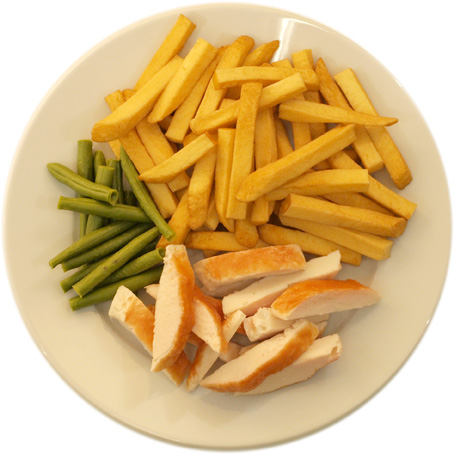 Chicken with very many French fries and very few beans