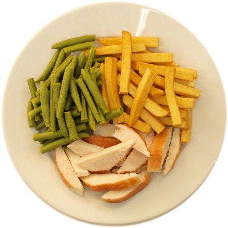 Chicken with slightly more French fries than beans
