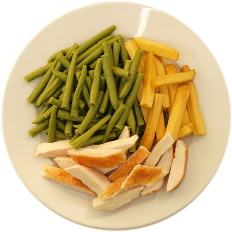 Chicken with few French fries and many beans