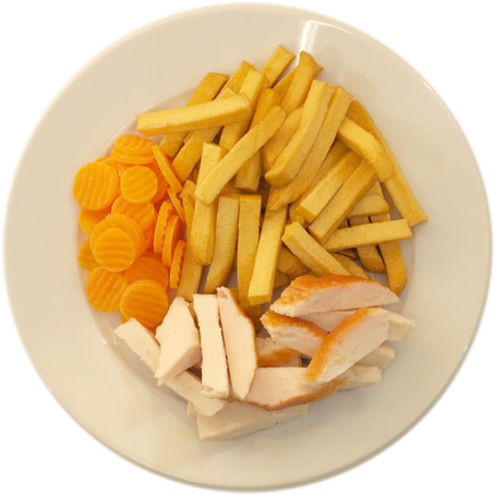 Chicken with lots of French fries and few carrots