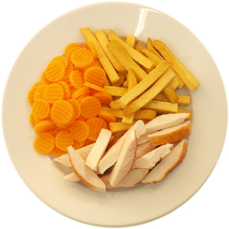 Chicken with slightly fewer French fries than carrots