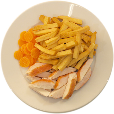 Chicken with very many French fries and very few carrots