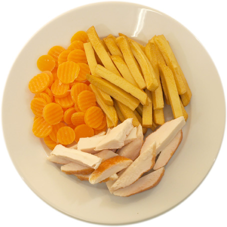 Chicken with slightly more French fries than carrots