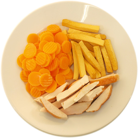 Chicken with few French fries and many carrots