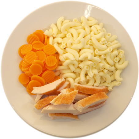 Chicken with a little more pasta than carrots