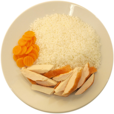 Chicken with very much rice and very few carrots