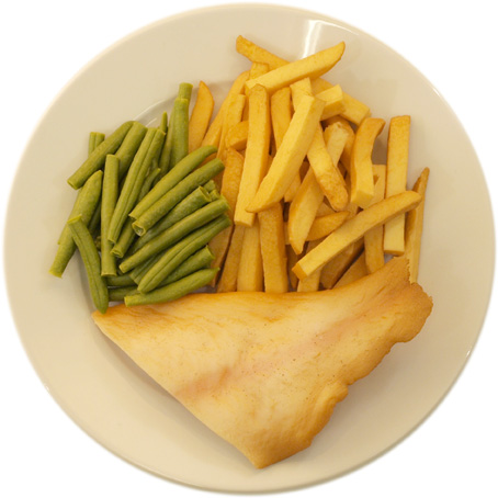 Fish with many French fries and few beans