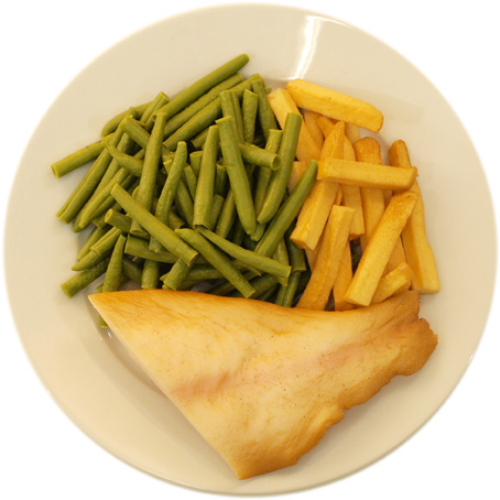 Fish with few French fries and many beans