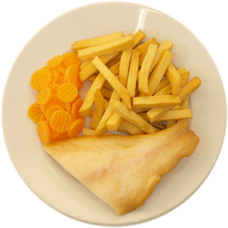 Fish with lots of French fries and few carrots