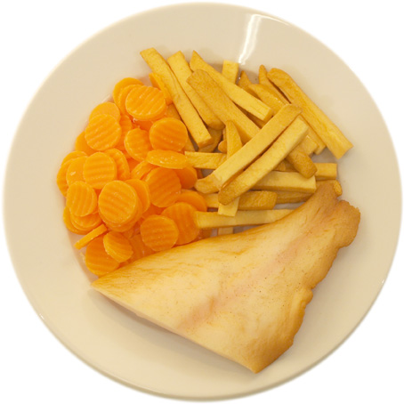 Fish with slightly fewer French fries than carrots