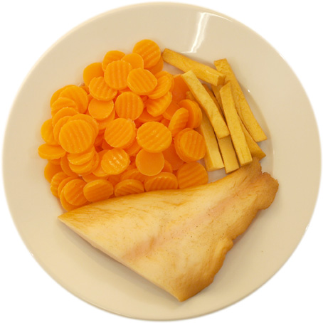 Fish with very few French fries and very many carrots