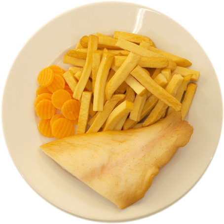 Fish with very many French fries and very few carrots