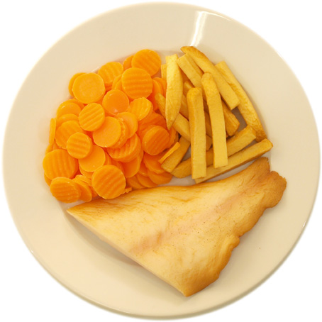Fish with few French fries and many carrots