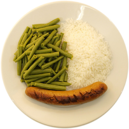 A sausage with a little less rice than beans
